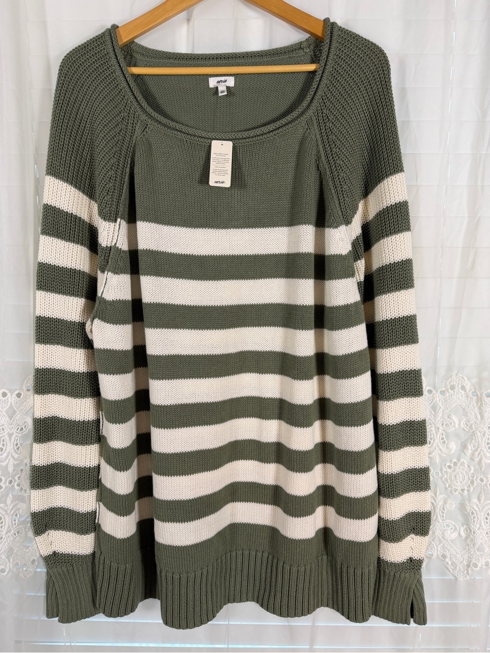 Aerie XL cream green wide stripe knitted long soft oversized fall knit sweater